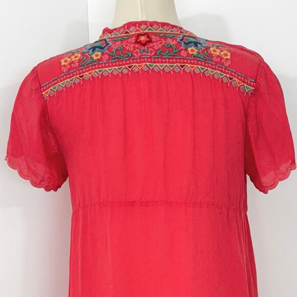 Johnny Was Mikones Embroidered Tunic Top Short Sleeve in Red/Coral Boho S - Picture 7 of 10
